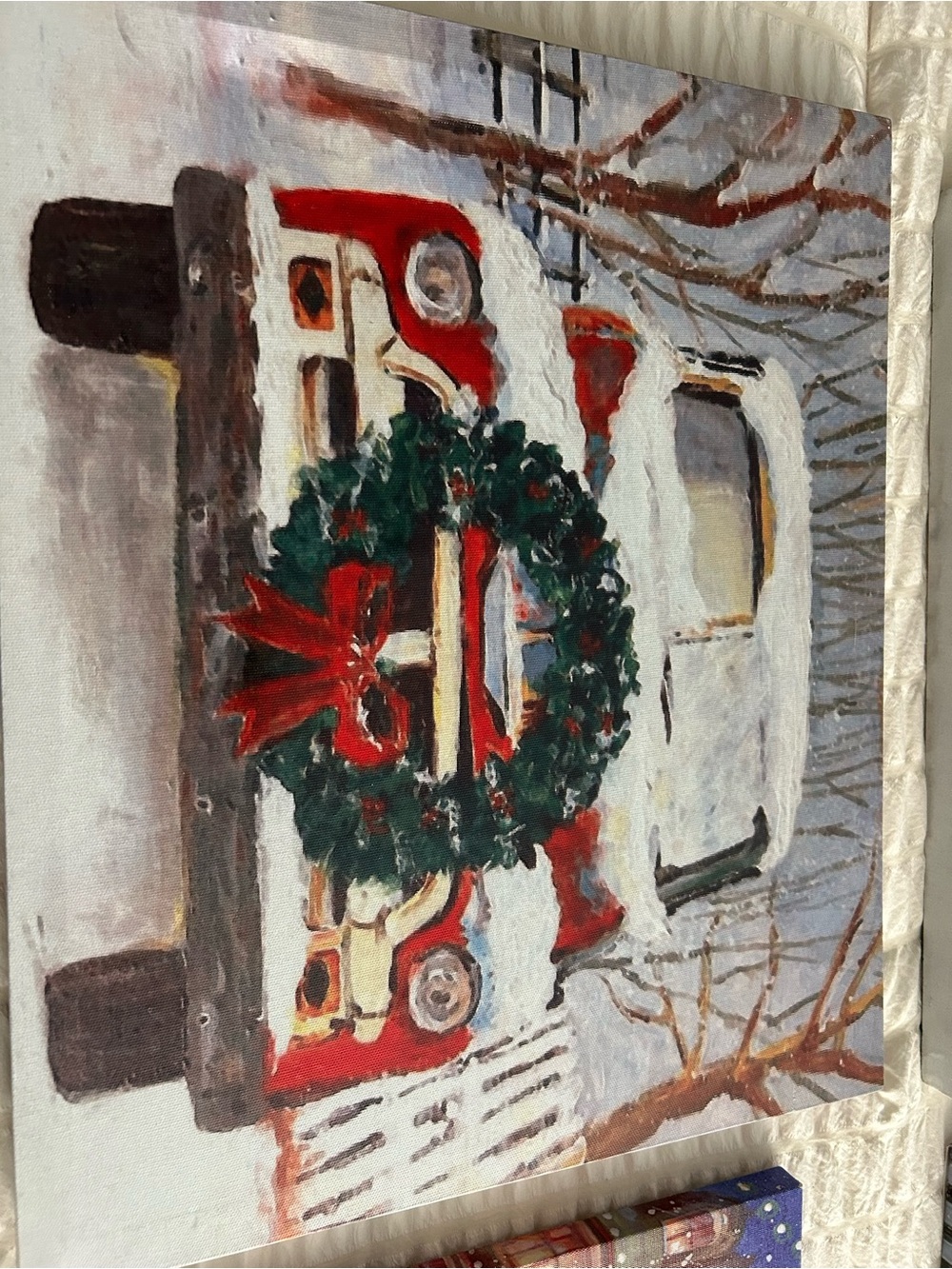Festive Red Truck Holiday Canvas Art with Green Wreath - Brand